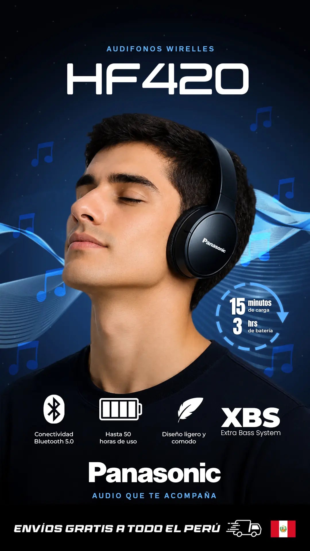 🎧 Audífonos Bluetooth Panasonic HF420: Hasta 50 Horas de Batería, Extra Bass XBS y Diseño ligero 🔋🎶