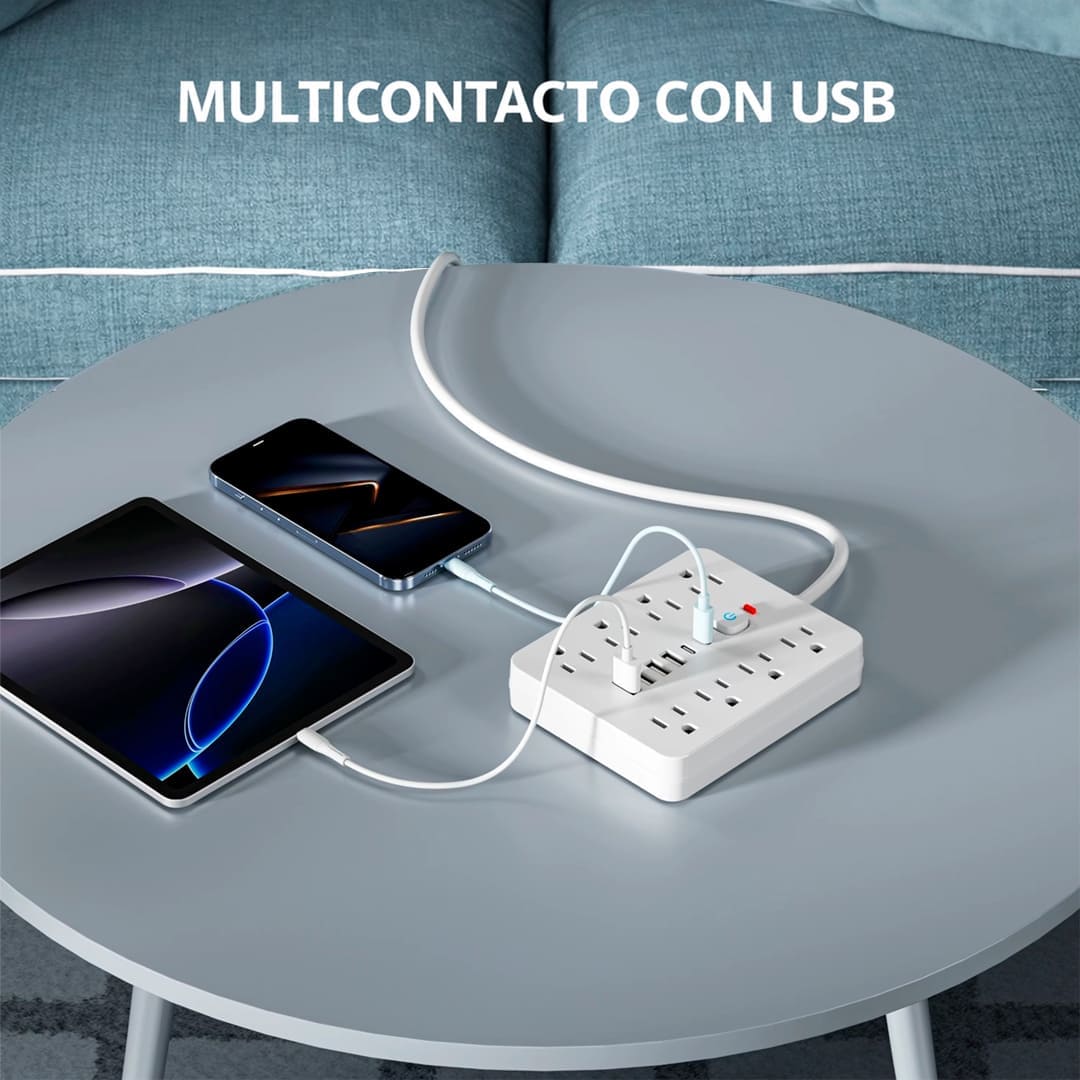 Multipuerto de carga 14en1 8AC 6USB 250V 3m PLS-141 Blanco