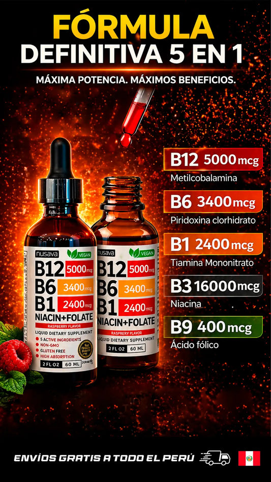 🌟VITAMINA B12 5,000 MCG B6 3,400 MCG B1 2,400 MCG 60 ML SIN GMO NUSAVA🌟