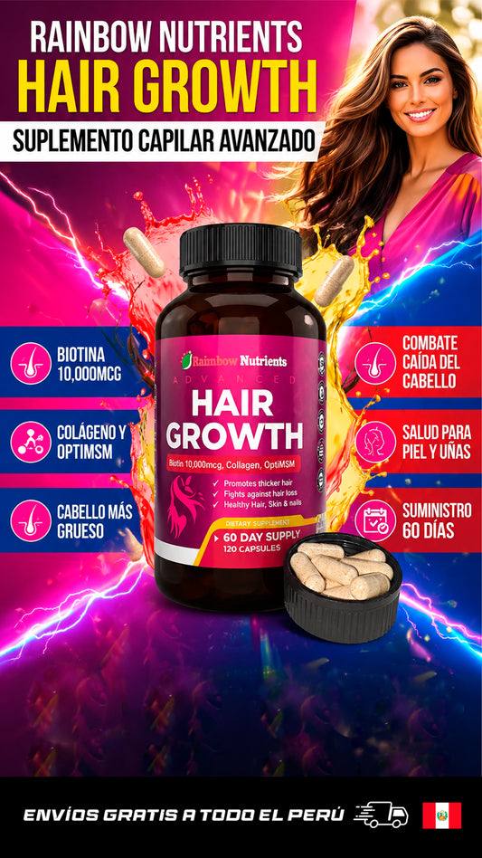 Hair Growth de Rainbow Nutrients: 🌱 Vitaminas para el Crecimiento del Cabello, Uñas y Piel de la Mujer 💅