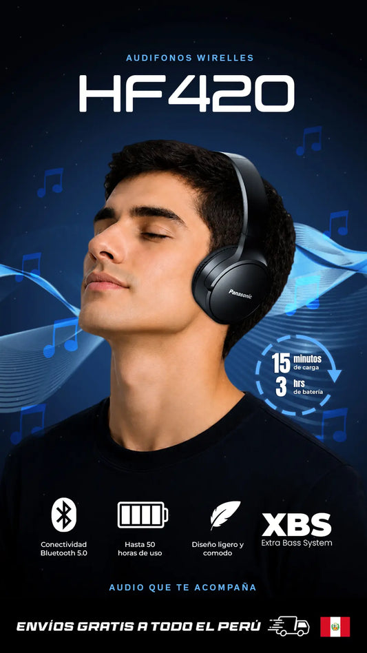 🎧 Audífonos Bluetooth Panasonic HF420: Hasta 50 Horas de Batería, Extra Bass XBS y Diseño ligero 🔋🎶