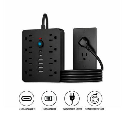 Multipuerto de carga 14en1 8AC 6USB 250V 1.5mPLS-141 Negro