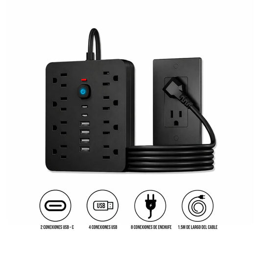Multipuerto de carga 14en1 8AC 6USB 250V 1.5mPLS-141 Negro
