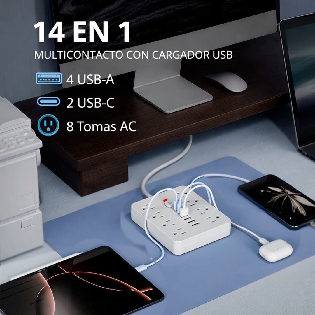 Multipuerto de carga 14en1 8AC 6USB 250V 1.5mPLS-141 Blanco