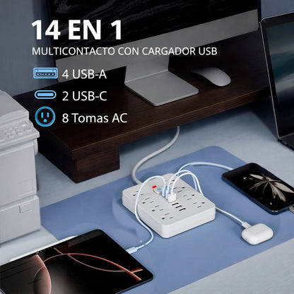 Multipuerto de carga 14en1 8AC 6USB 250V 1.5mPLS-141 Blanco