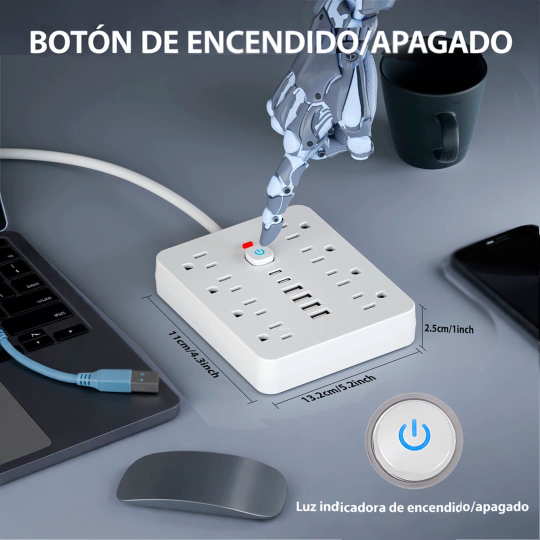 Multipuerto de carga 14en1 8AC 6USB 250V 1.5mPLS-141 Blanco