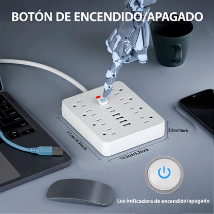 Multipuerto de carga 14en1 8AC 6USB 250V 1.5mPLS-141 Blanco