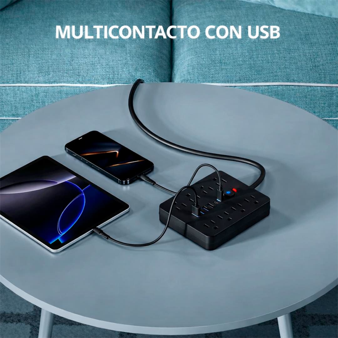Multipuerto de carga 14en1 8AC 6USB 250V 1.5mPLS-141 Negro