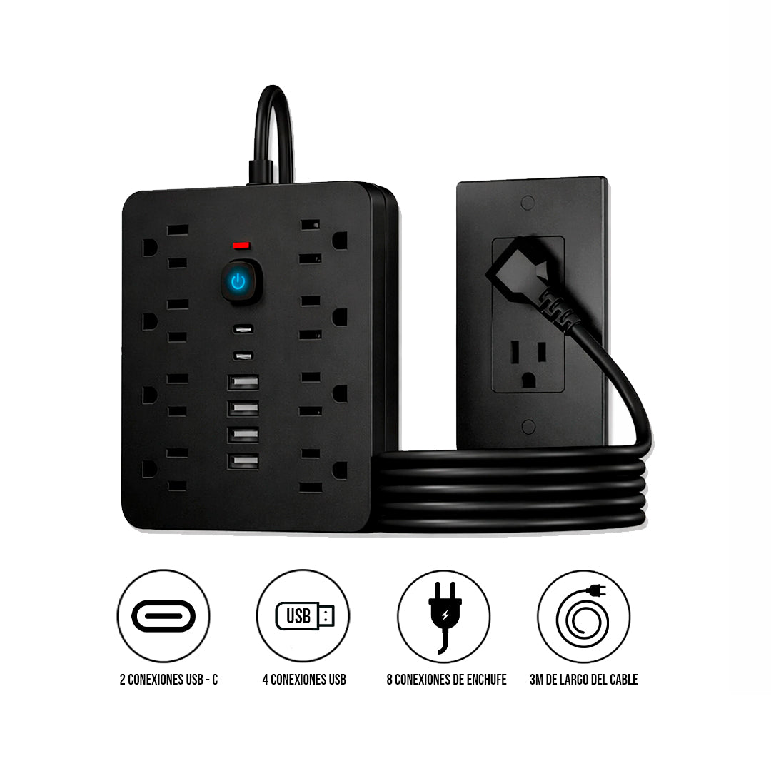 Multipuerto de carga 14en1 8AC 6USB 250V 3m PLS-141 Negro
