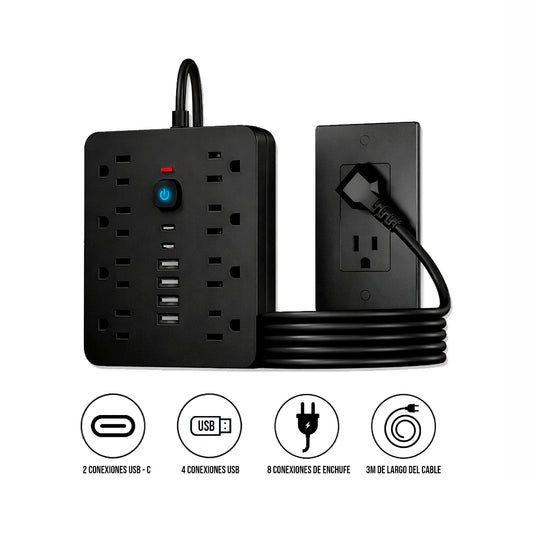 Multipuerto de carga 14en1 8AC 6USB 250V 3m PLS-141 Negro