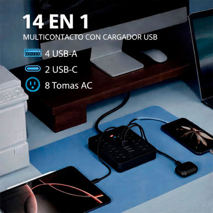 Multipuerto de carga 14en1 8AC 6USB 250V 3m PLS-141 Negro