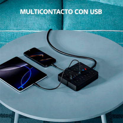 Multipuerto de carga 14en1 8AC 6USB 250V 3m PLS-141 Negro