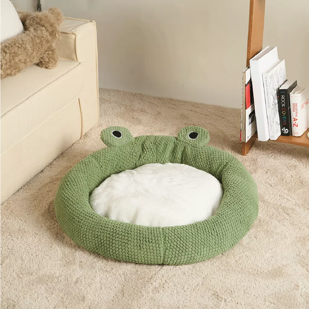 Cama Rana Donut Para Mascotas Terciopelo Suave Verde Talla M