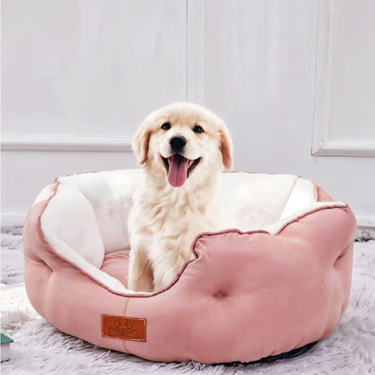 Cama Para Perros Acolchado Suede Rosa Blanco - Talla M