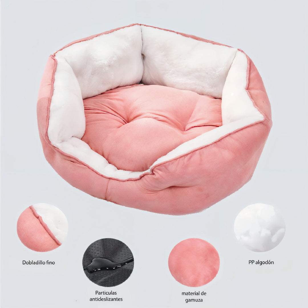 Cama Para Perros Acolchado Suede Rosa Blanco - Talla M