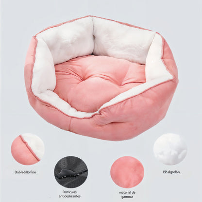 Cama Para Perros Acolchado Suede Rosa Blanco - Talla M