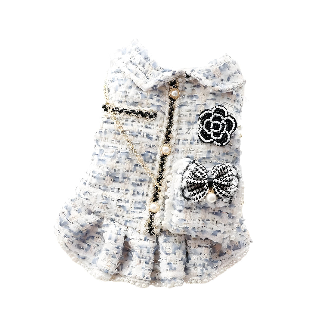 Ropa Para Perros Vestido Tweed Perlas Azul Blanco - Talla L