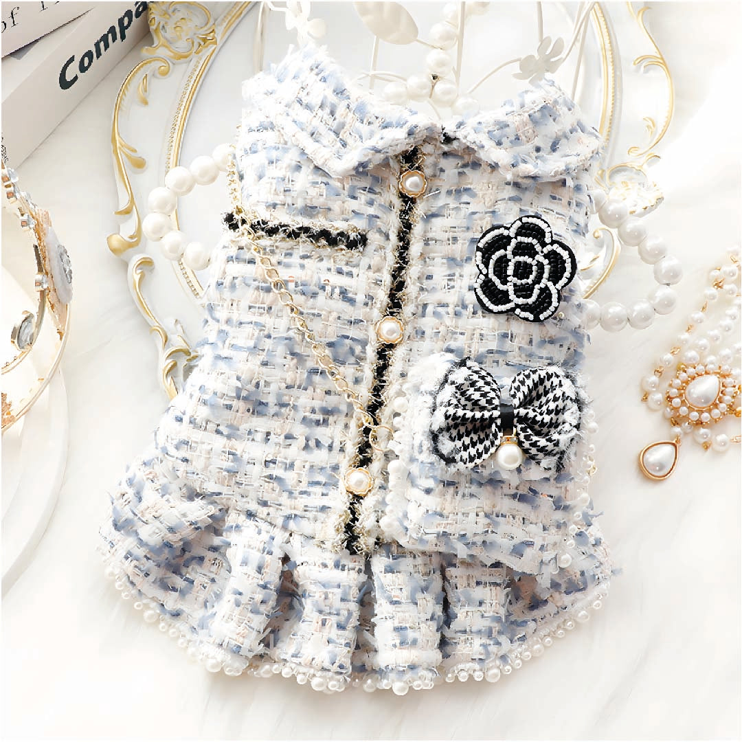 Ropa Para Perros Vestido Tweed Perlas Azul Blanco - Talla L