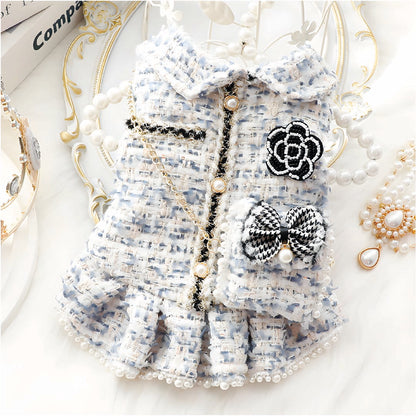 Ropa Para Perros Vestido Tweed Perlas Azul Blanco - Talla L