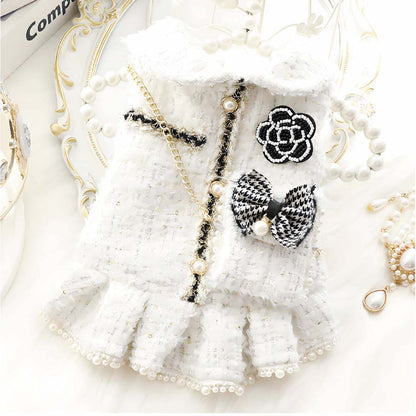 Ropa Para Perros Vestido Tweed Perlas Blanco - Talla XL