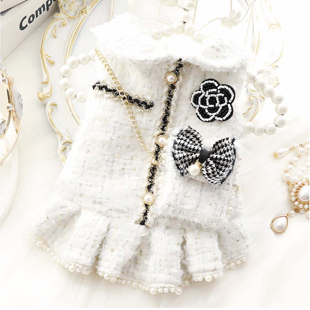 Ropa Para Perros Vestido Tweed Perlas Blanco - Talla L