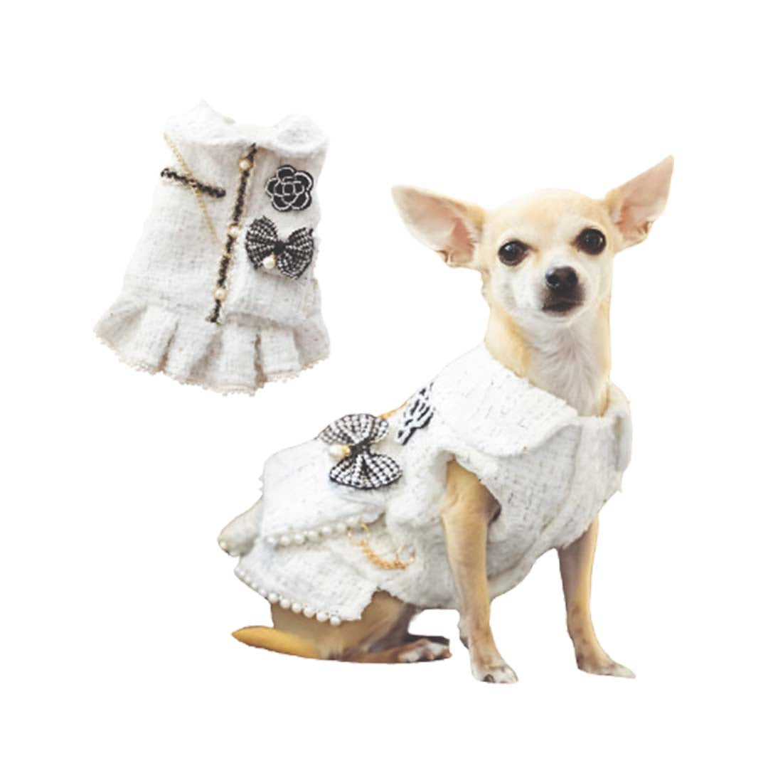 Ropa Para Perros Vestido Tweed Perlas Blanco - Talla XL